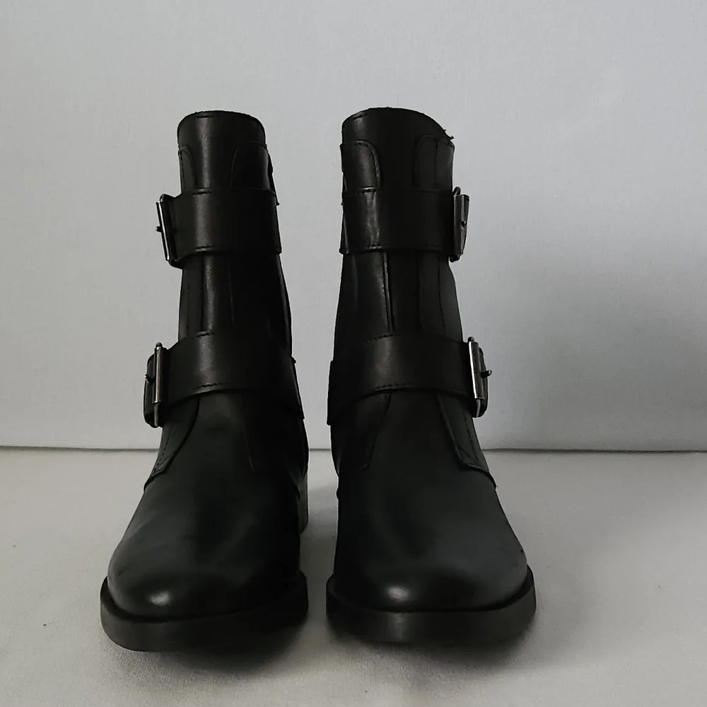 Emanuele Crasto Black Leather‎ Buckle Boots 38 US 8 Made Italy Mob Wife Moto